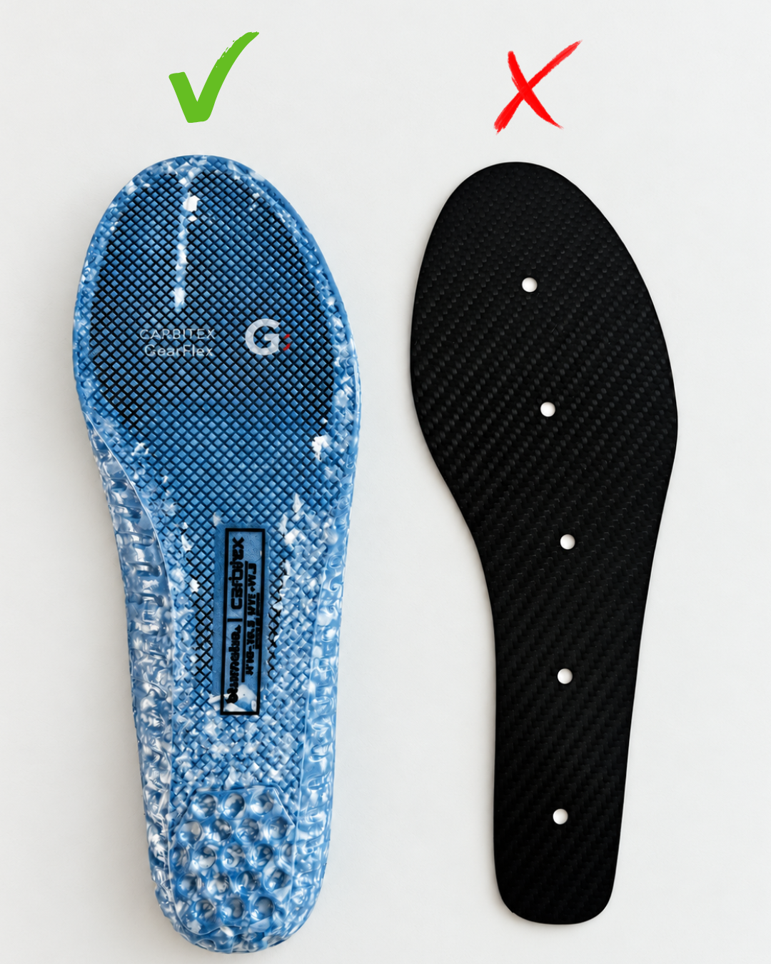 Top-down view on a pale grey surface of two items side by side. On the left, the assembled Carbon Elite insole in blue and white ETPU foam with a dark diamond-textured top panel printed Carbitex GearFlex. On the right, a bare black woven carbon plate. A green check mark is above the insole and a red X is above the bare plate.