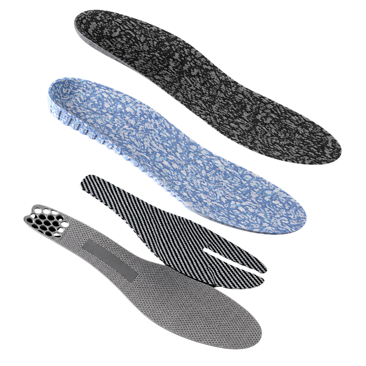 Exploded view of four Carbon Elite layers, from the NonSlip top cover down through the high-performance ETPU foam, the Carbitex GearFlex carbon plate and the traction layer