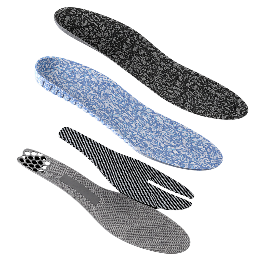 Exploded view of four Carbon Elite layers, from the NonSlip top cover down through the high-performance ETPU foam, the Carbitex GearFlex carbon plate and the traction layer