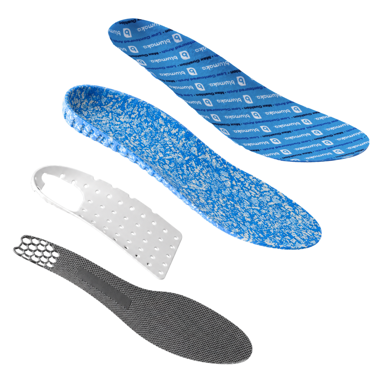 Exploded view of the four Performance Insole layers: printed top cover, recycled ETPU foam, molded arch support and traction layer