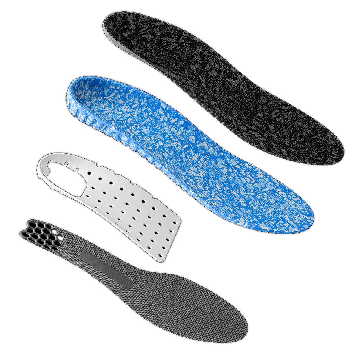 An exploded view of a Blumaka NonSlip insole with its four layers separated: grip top cover, recycled ETPU foam, molded arch support and traction layer