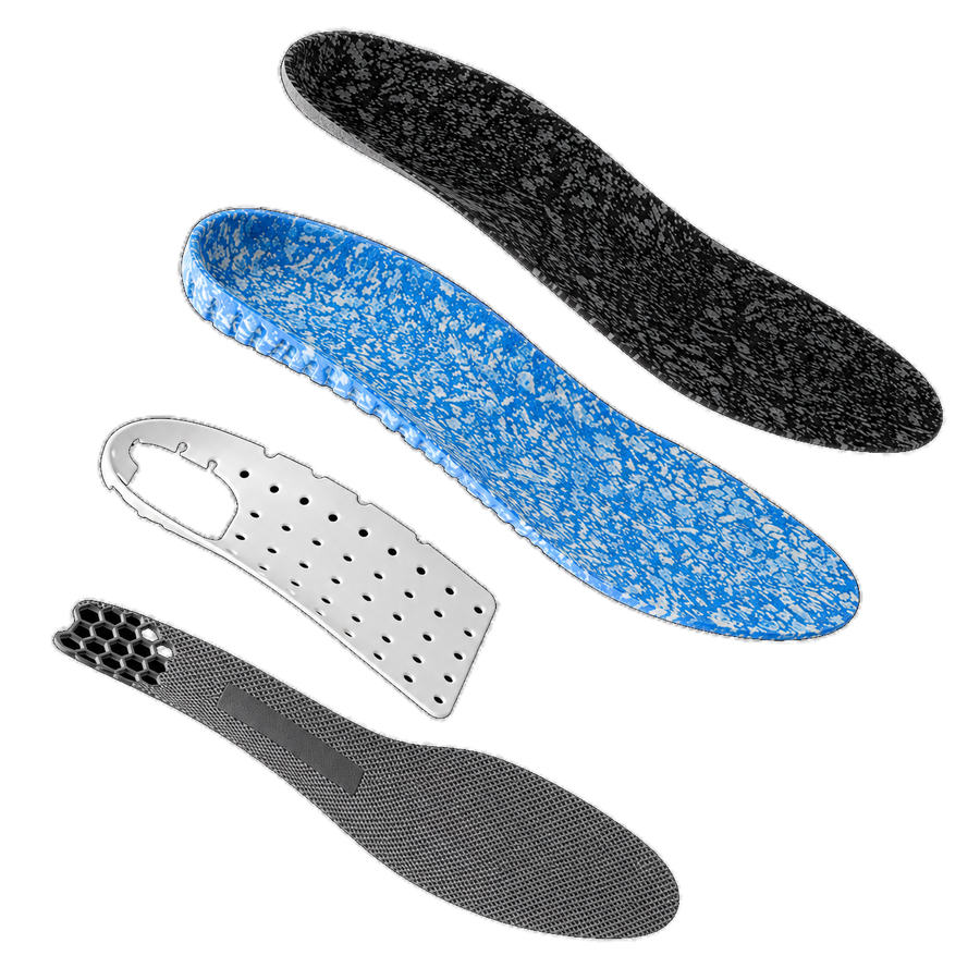 An exploded view of a Blumaka NonSlip insole with its four layers separated: grip top cover, recycled ETPU foam, molded arch support and traction layer