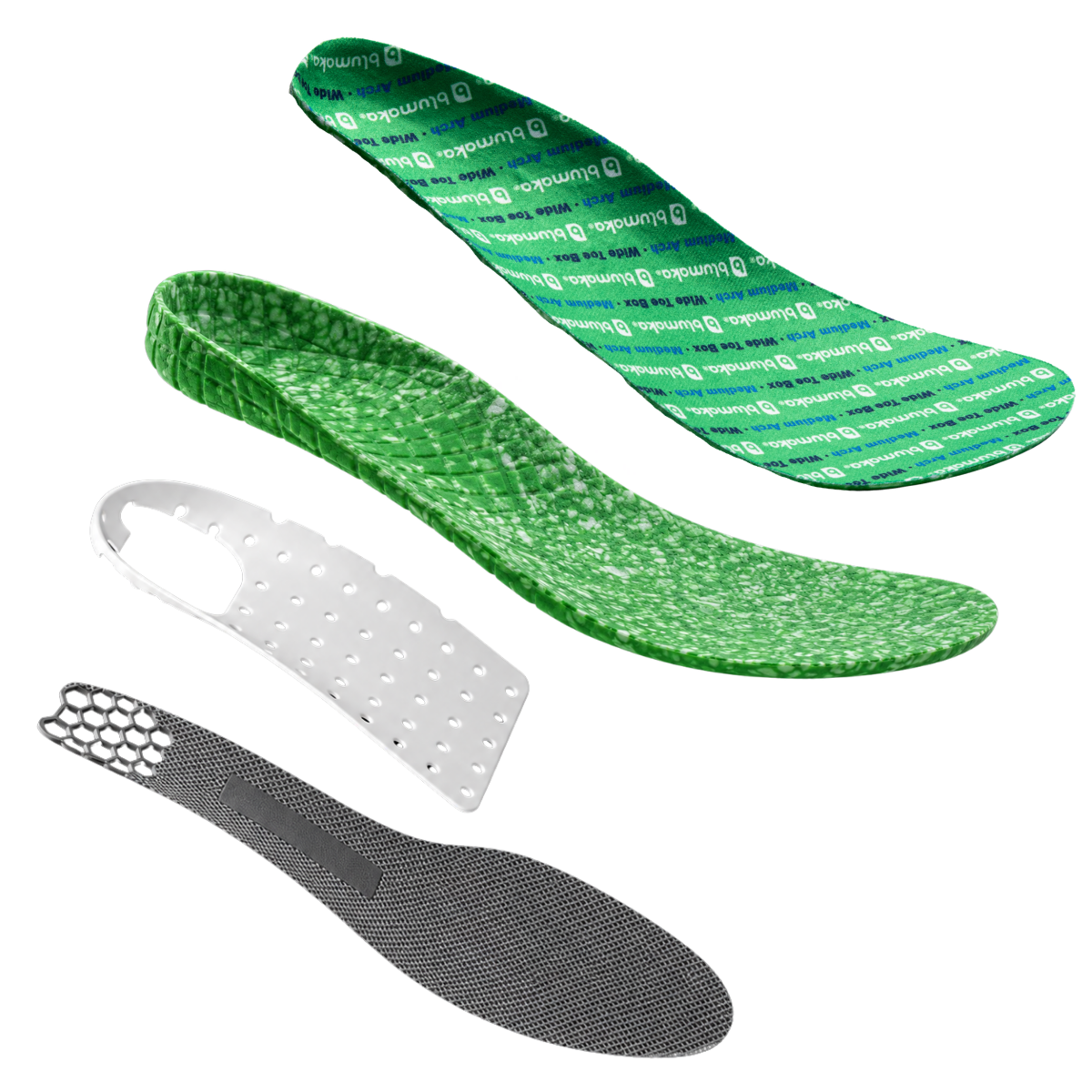 Exploded view of the Wide Toe Box insole: top cover, recycled ETPU foam, molded arch support and traction layer