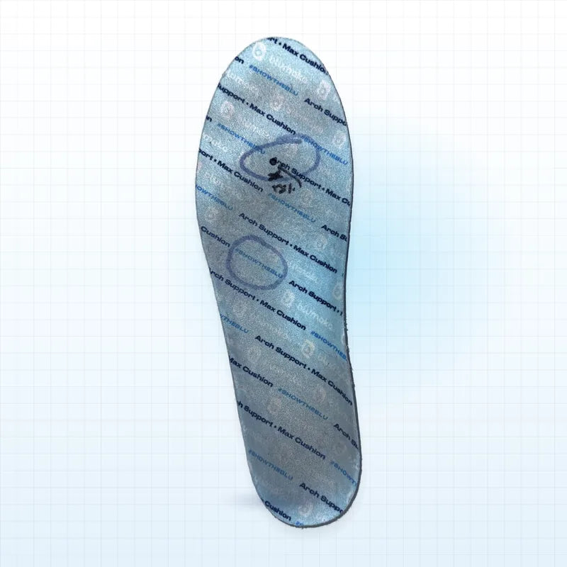 The worn Blumaka Max Cushion insole the runner mailed back after about 800 miles, marked up by the lab